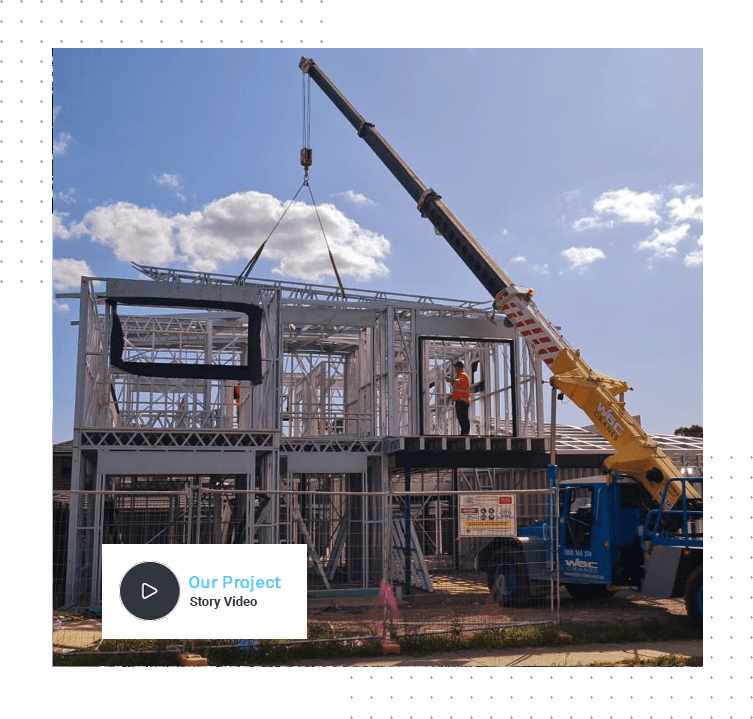 Crane loading steel frames into a house during construction, showcasing the synergy of precision and progress in modern architectural design.
